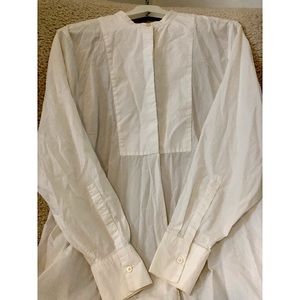 COS collarless long white button up shirt